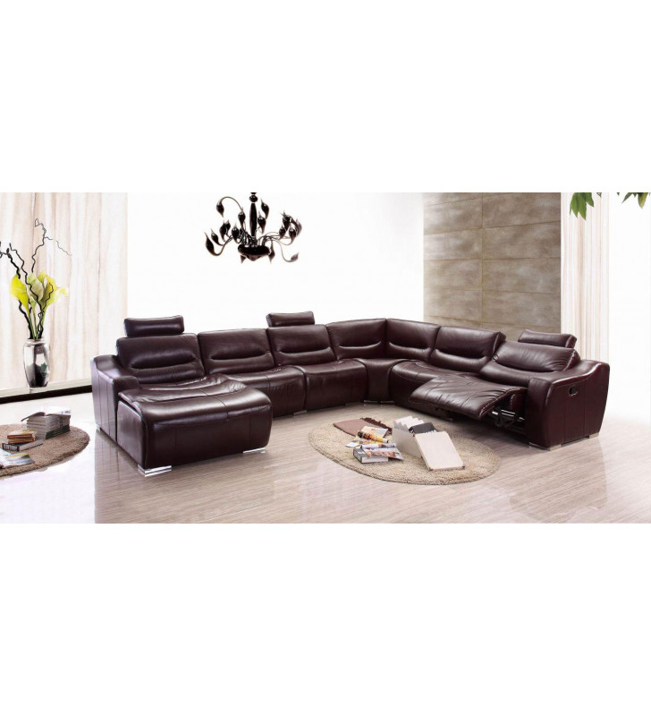 Dark Brown Genuine Italian Leather Sectional w/1 Recliner LHC Contemporary ESF 2144 