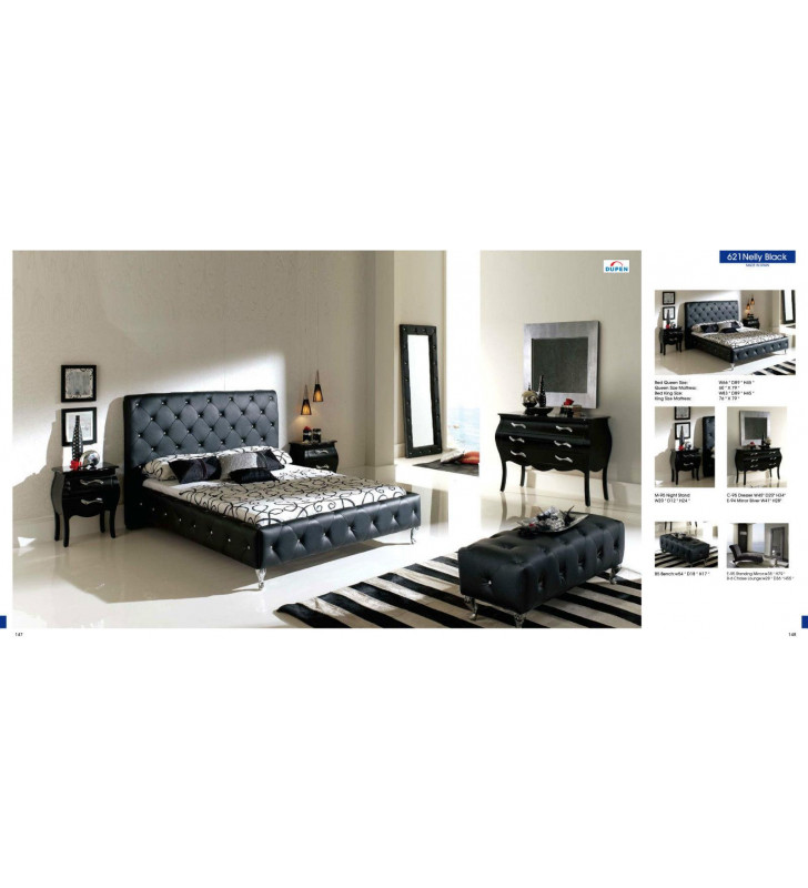 ESF Nelly 621 Black Eco Leather Tufted Queen Bedroom Set 5Pcs Modern Made in Spain