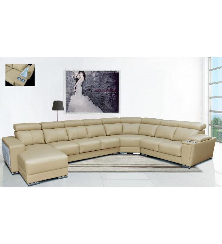 Beige Top Grain Leather Sectional Sofa w/Sliding Seats Left Hand Chase ESF 8312
