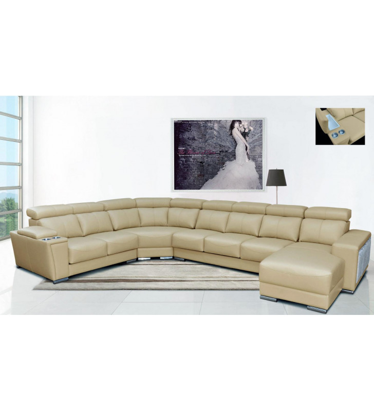 Beige Top Grain Leather Sectional Sofa w/Sliding Seats Right Hand Chase ESF 8312