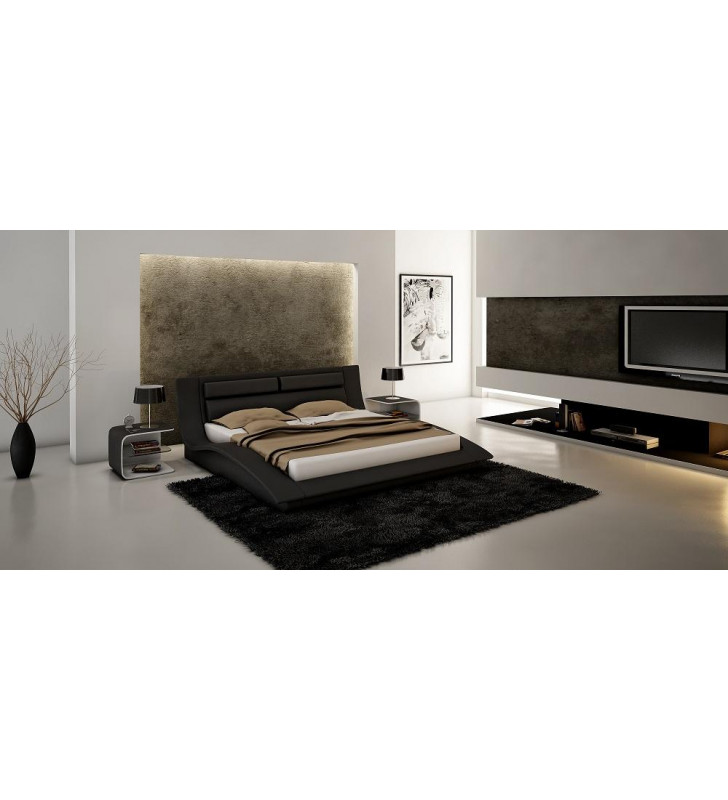 J&M Furniture  Black Wave Leatherette Queen Size Platform Bed Casual Modern Style
