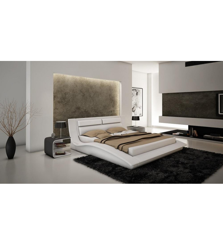 J&M Furniture White Wave Leatherette King Size Platform Bedroom Set 3Pcs Casual 