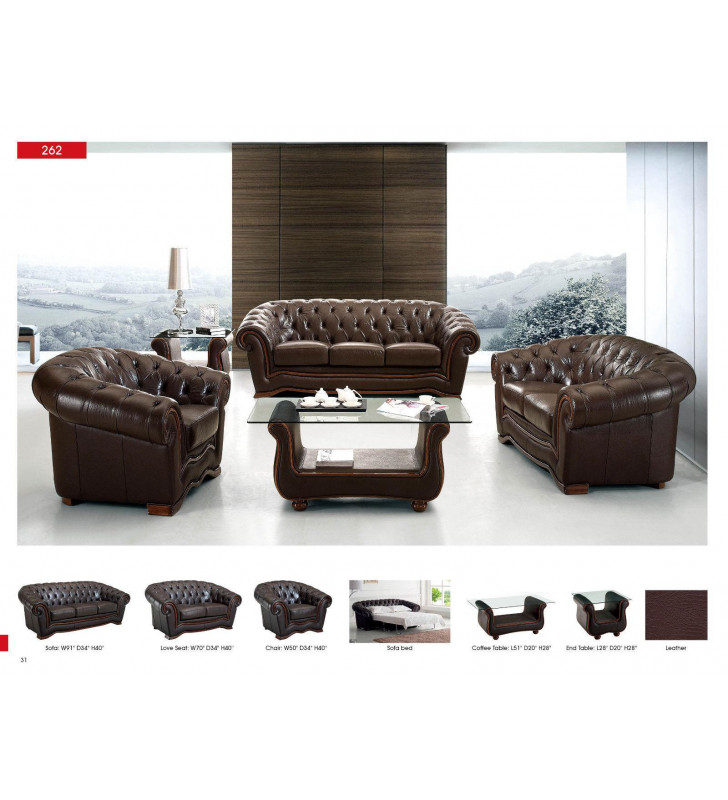 ESF 262 Modern Dark Brown Full Italian Leather Living Room Sofa Set 3Pcs