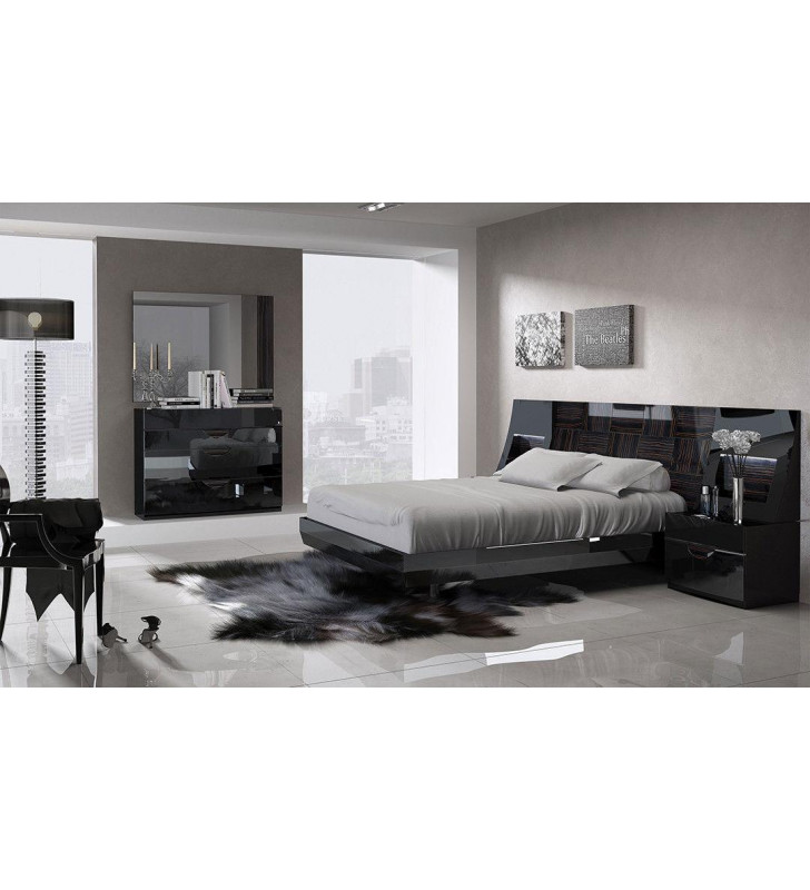 Black & Wood Grain Lacquer Queen Size Bedroom Set 5Pcs Modern ESF Marbella