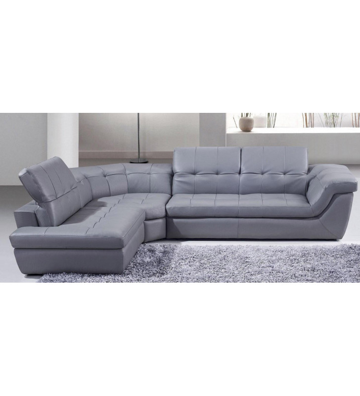 Grey Italian Leather Sectional Sofa Adjustable Headrest LHC Modern J&M 397
