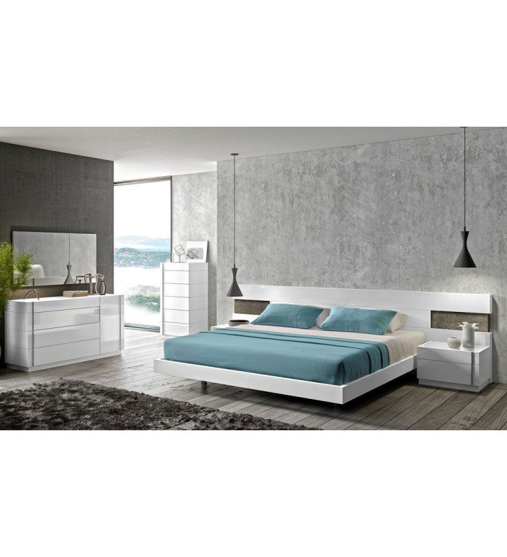 J&M Amora Contemporary White Lacquer & Natural Wood Veneer Queen Size Bedroom Set 3Pcs