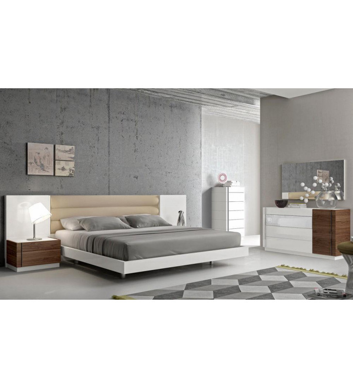 J&M Lisbon Modern White Lacquer & Walnut Wood Veneer Queen Size Bedroom Set 3Pcs