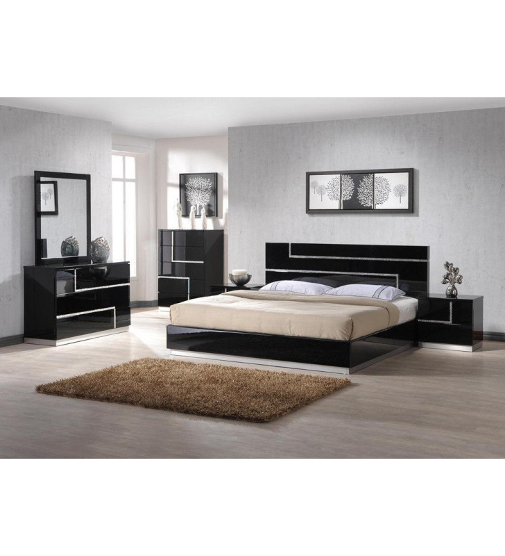 J&M Lucca Luxury Black Lacquer With Crystal Accents King Bedroom Set 3Pcs Modern