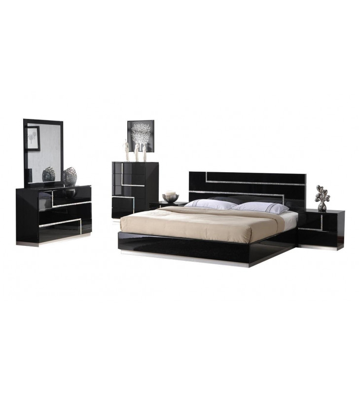 J&M Lucca Luxury Black Lacquer With Crystal Accents Queen Bedroom Set 5Pcs Modern