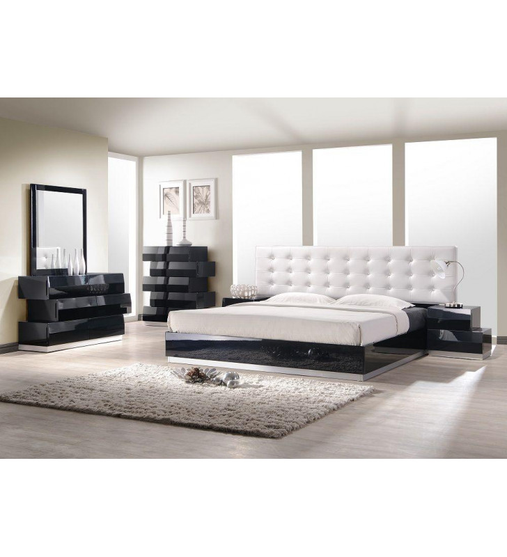 J&M Milan Contemporary Black Lacquer High-gloss Platform King Bedroom Set 3Pcs
