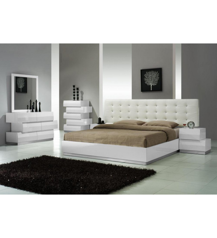 J&M Milan Contemporary White Lacquer High-gloss Platform Queen Bedroom Set 5Pcs