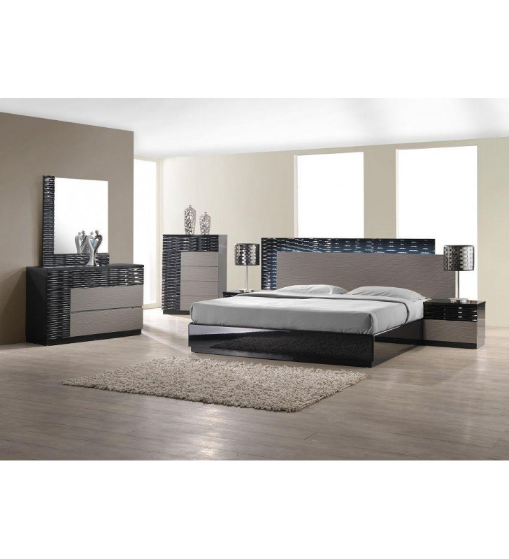 J&M Roma Contemporary Black & Grey Lacquer Finish Headboard LED Lights Queen Bedroom Set 3Pcs