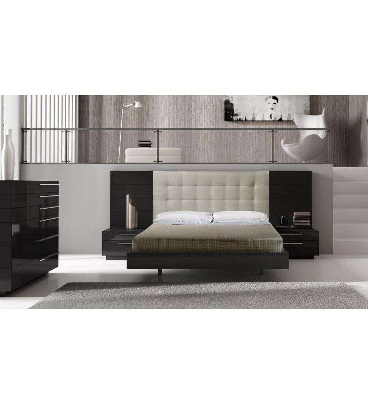 J&M Santana Modern Black High Gloss Finish Leather Headboard King Bedroom Set 3Pcs