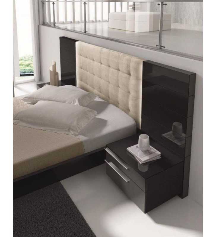 J&M Santana Modern Black High Gloss Finish Leather Headboard Queen Bedroom Set 4Pcs