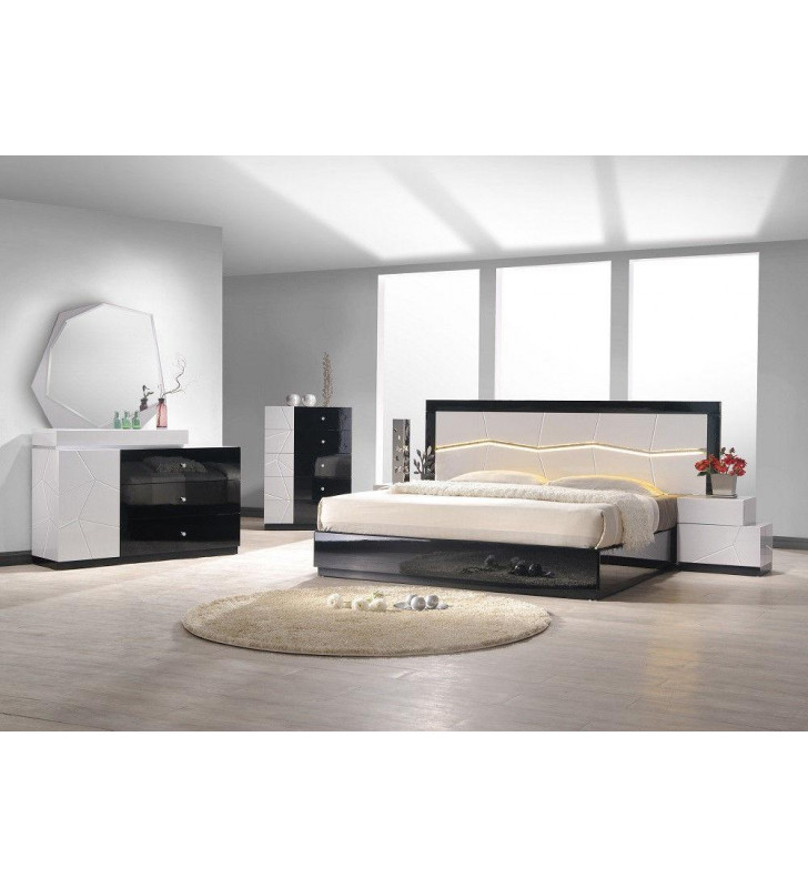 J&M Turin Modern Black & Gray Lacquer Uniquely Designed Headboard Queen Bedroom Set 5Pcs