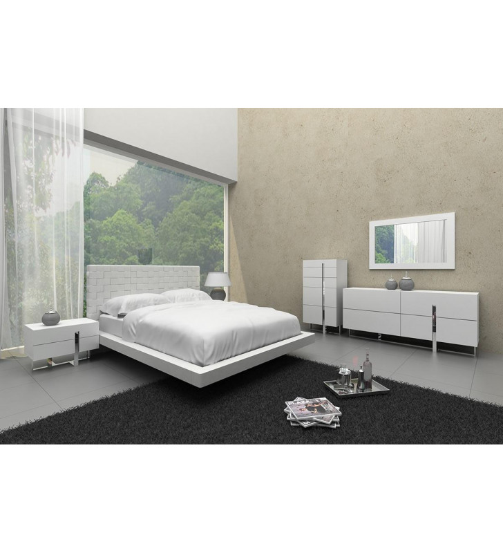 White Leather Pattern Headboard Queen Bed VIG Modrest Voco Modern Contemporary