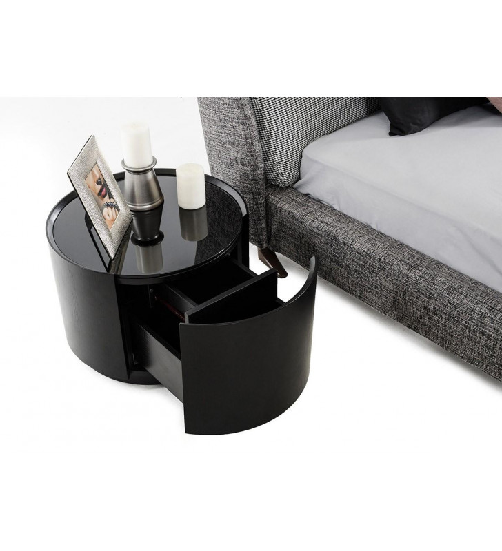 VIG Modrest Orca 1-Drawer Round Dark Oak Glass-Top Nightstand Modern 