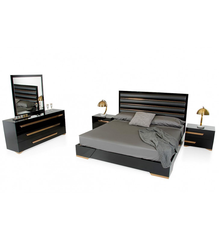 Glossy Black Rosegold King Bedroom Set 5Pcs VIG Nova Domus Romeo MADE IN ITALY