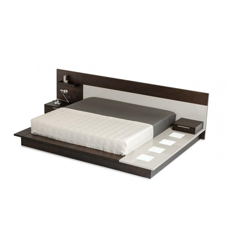 VIG Modrest Torino Brown Oak Grey King Bed w/Lights Built-in Nightstands Modern