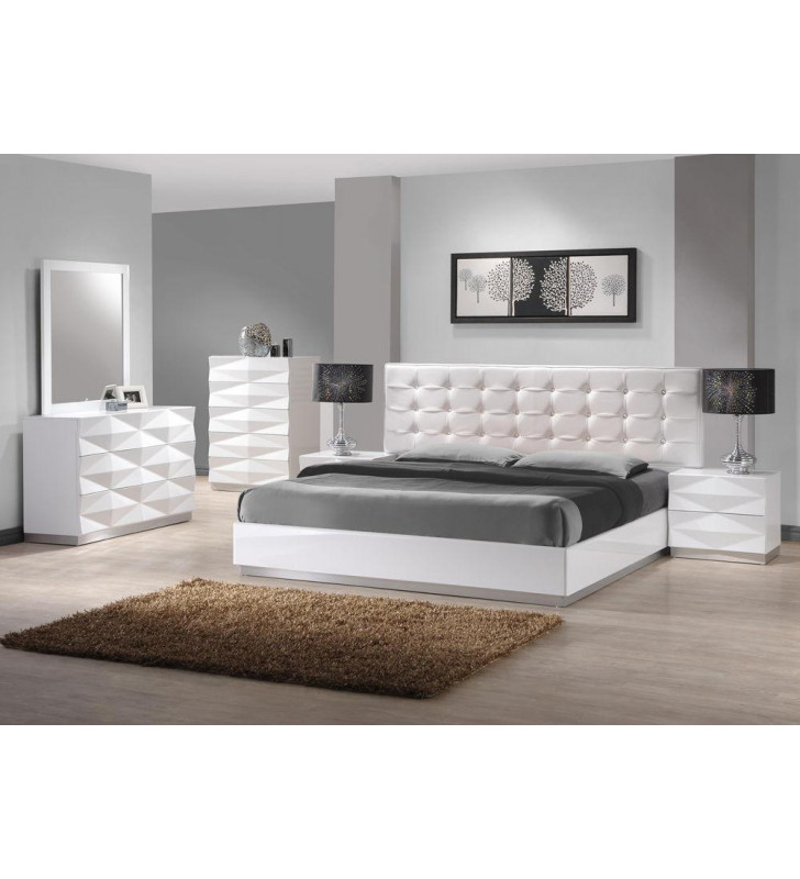 J&M Verona Modern White Lacquer & Premium Leather Full Size Bedroom Set 3Pcs