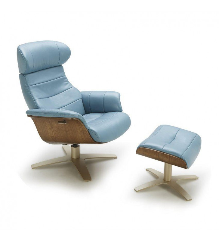Premium Blue Italian Leather Lounge Chair W/Ottoman 2Pcs Contemporary J&M Karma 