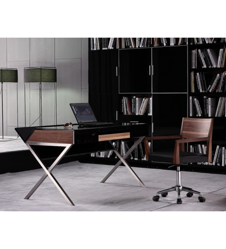 Home Office Computer Desk Glossy Black & Walnut Orwell VIG Modrest Contemporary
