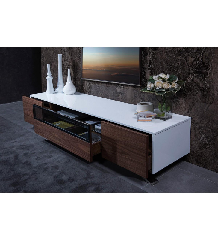 Glossy White & Walnut TV Stand VIG Modrest Gillian Contemporary
