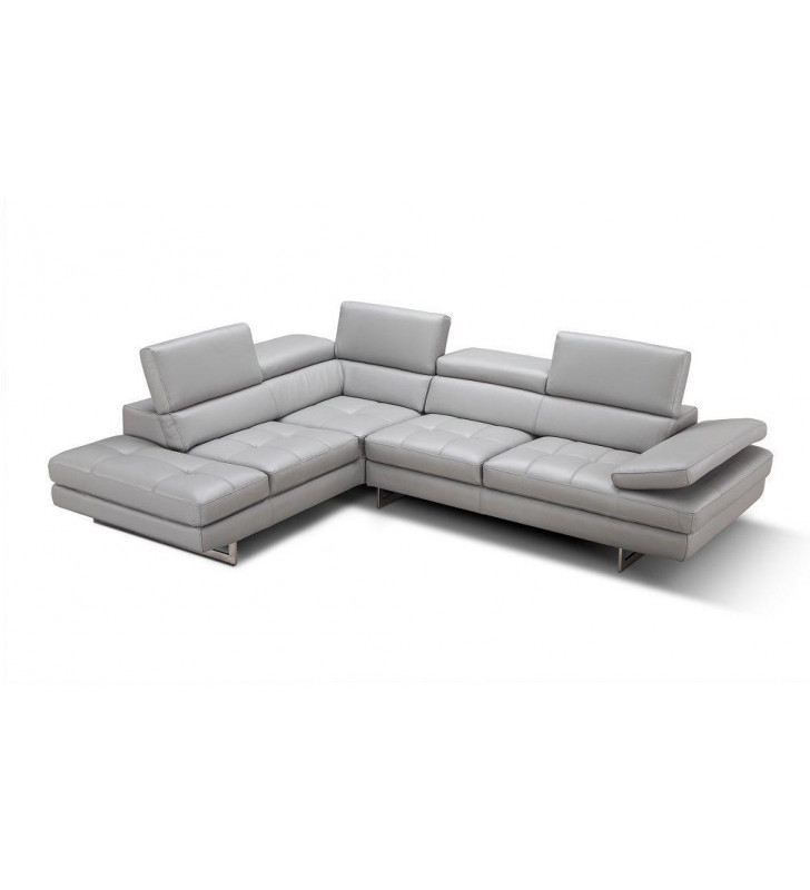 J&M Aurora Modern Grey Italian Leather Adjustable Headrests Sectional Sofa LHC