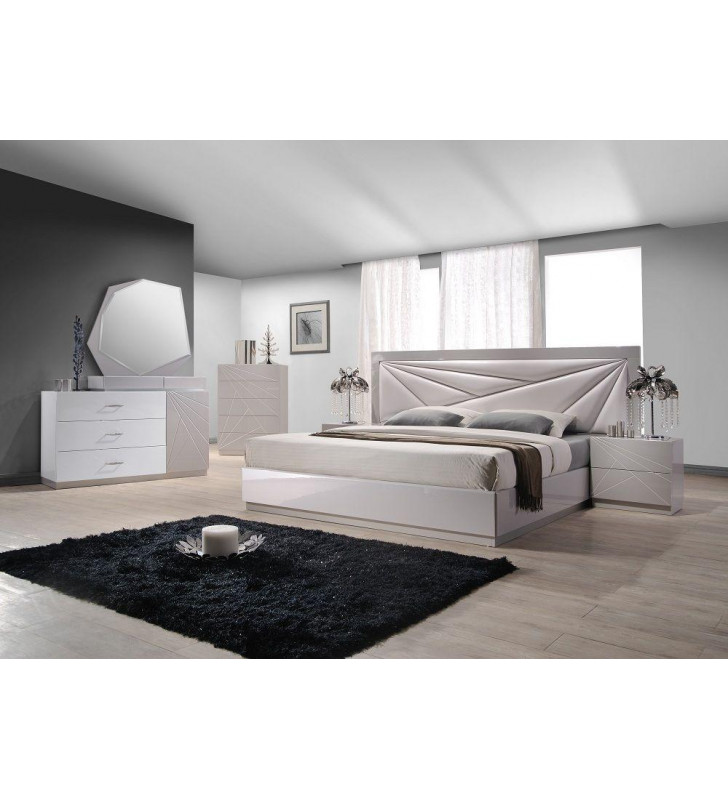 J&M Florence Modern White&Light Grey Lacquer Finish King Size Platform Bed  3Pcs Made in Spain