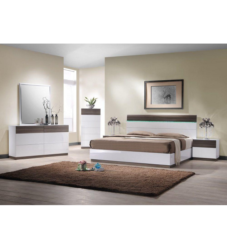 J&M Sanremo B Modern Walnut Veneer & White Lacquer Platform Queen Size Bedroom Set 5Pcs