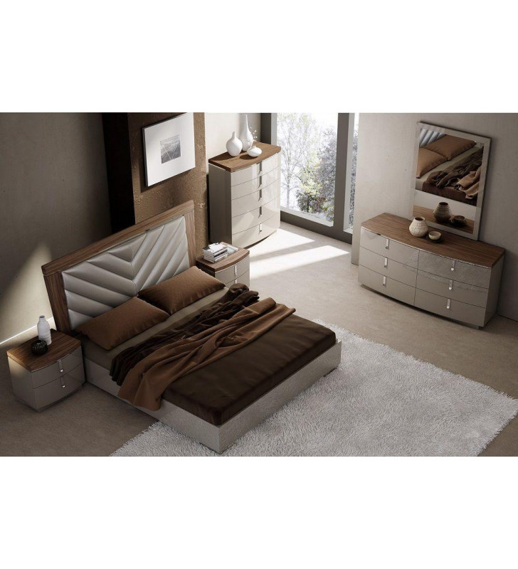 J&M Napa Modern Style Walnut & Light Grey Laquer King Size Bedroom Set 3Pcs