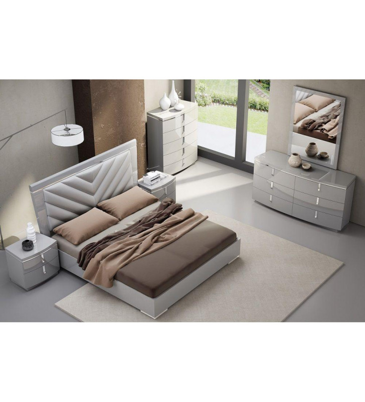 J&M New York Modern Grey High Gloss Finish Crome Accents Queen Size Bedroom Set 5Pcs