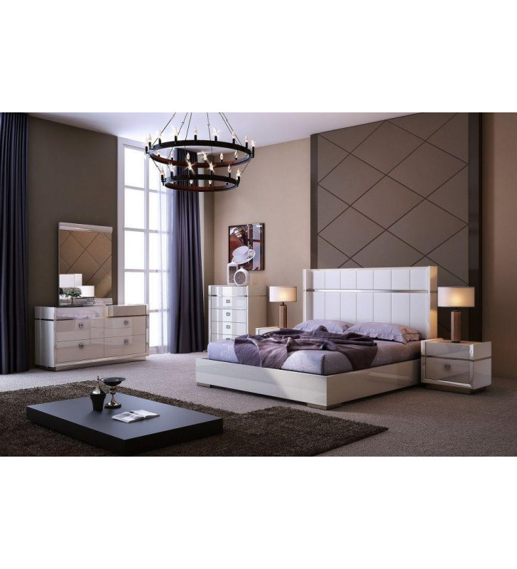 J&M Paris Modern Cream High Gloss Finish Genuine Leather Headboard  King Bedroom Set 5Pcs