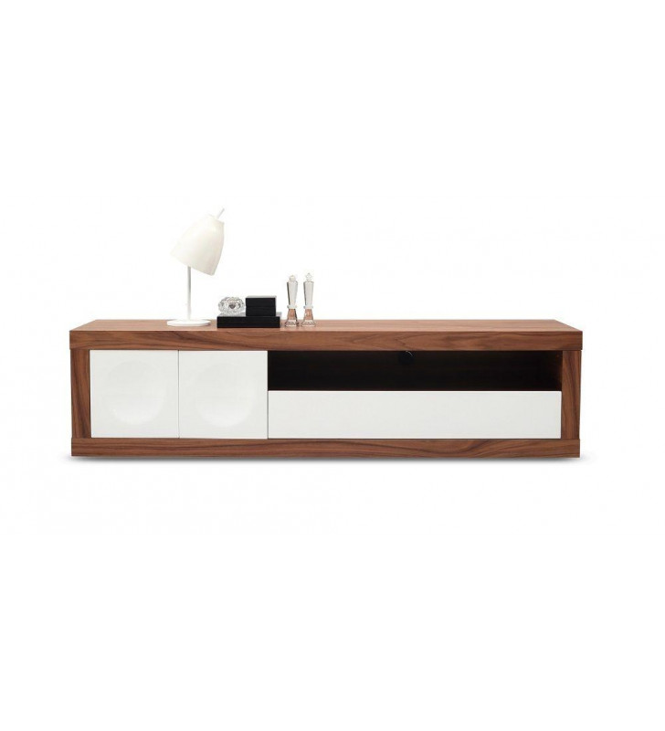 J&M Prato Modern Style Walnut Wood Veneer White High Gloss Tv Base 