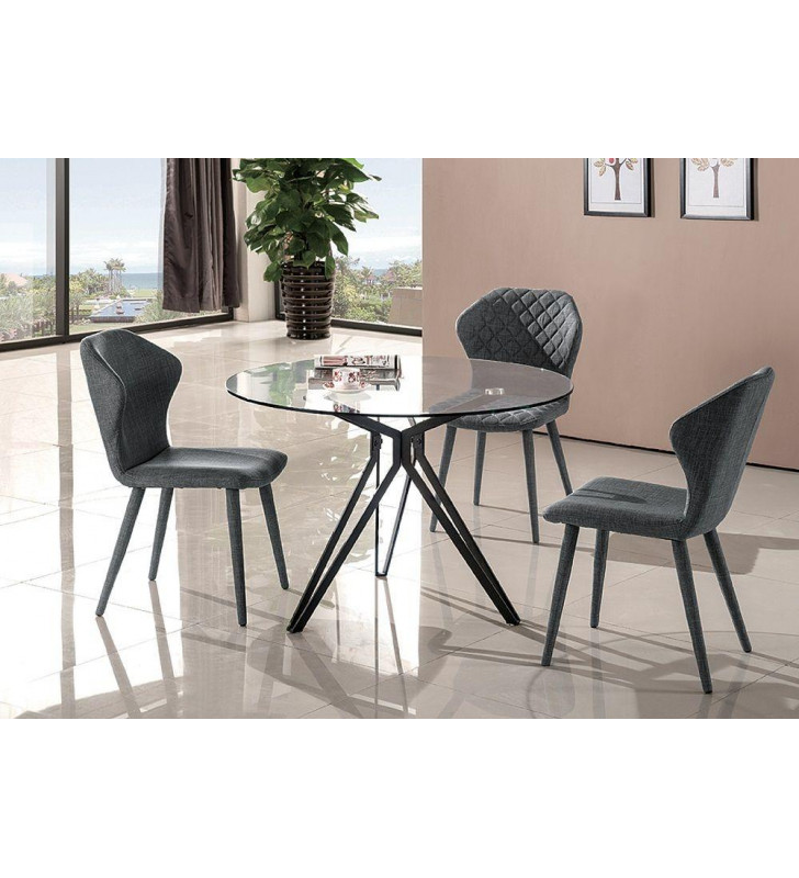 J&M Solano Contemporary Style Round Glass Table & Grey Fabric Chairs Dining Set 5Pcs