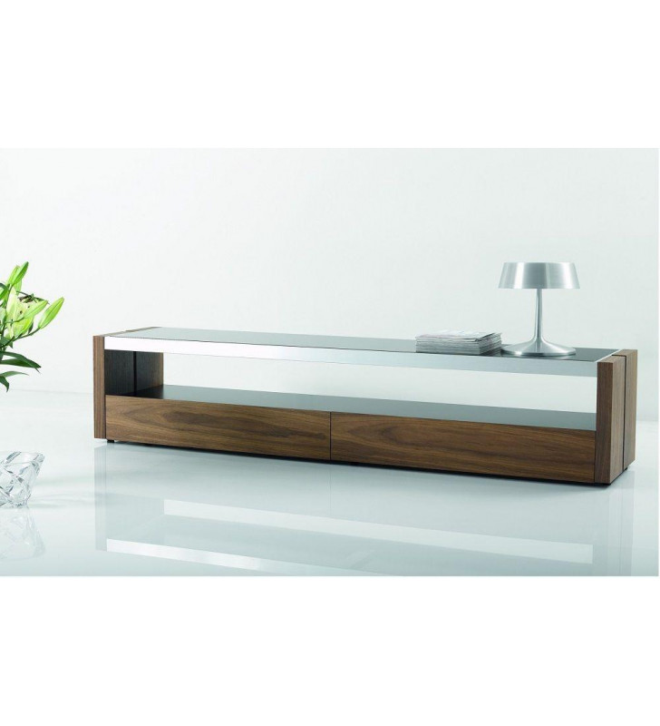 J&M Trieste Modern Style Matte Walnut Veneer With Black Glass Top Tv Base 