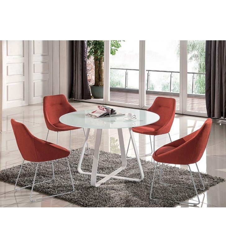 J&M Vera Modern Optic White Glass Wtih Upholstered Pumpkin Chairs Dining Set 5Pcs