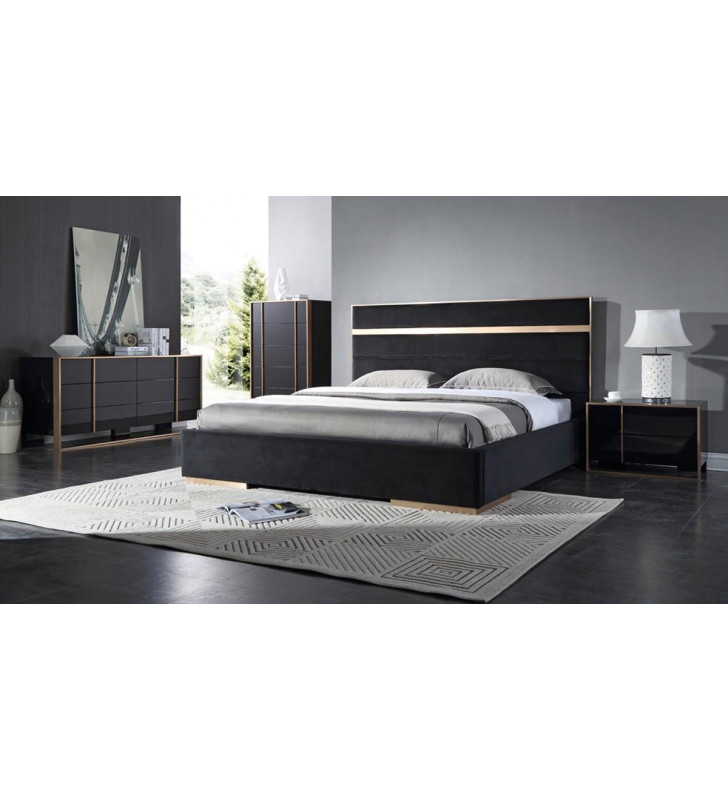 VIG Nova Domus Cartier Black Velvet Fabric Brushed Bronze Queen Bed Modern