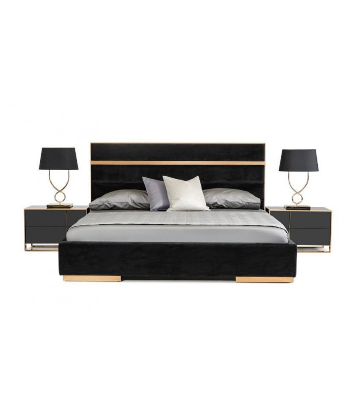 VIG Nova Domus Cartier Black Velvet Brushed Bronze King Bedroom Set 3Pcs Modern