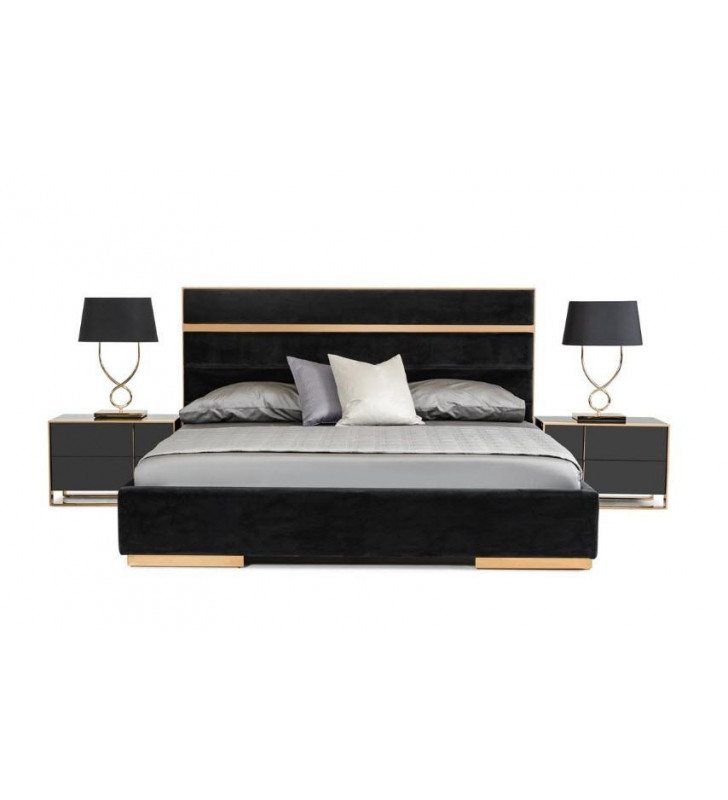 VIG Nova Domus Cartier Black Velvet Brushed Bronze Queen Bedroom Set 3Pcs Modern