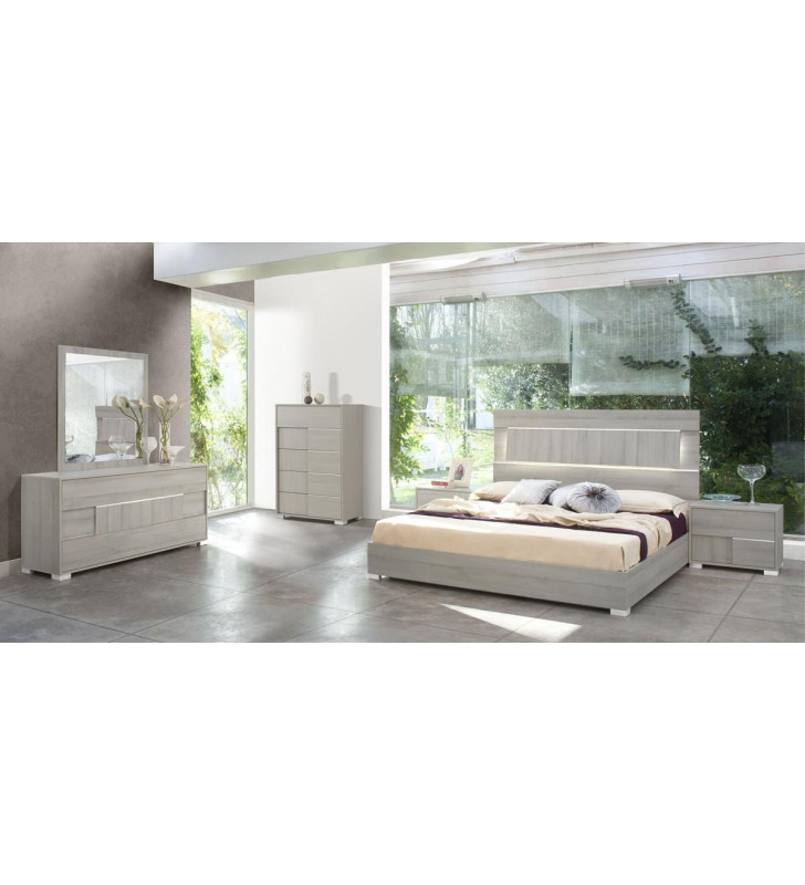 VIG Modrest Ethan Modern Grey Veneer Finish LED Lighted Headboard Queen Bedroom Set 6Pcs Made In Italy