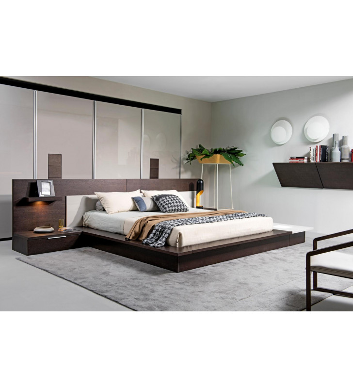 VIG Modrest Torino Brown Grey Queen Bedroom Set 3Ps w/Lights Built-in Nightstand