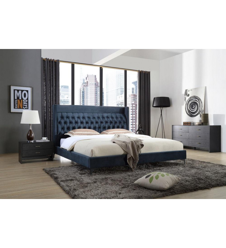 VIG Modrest Wales Modern Blue Fabric Button Tufted Headboard King Platform Bed