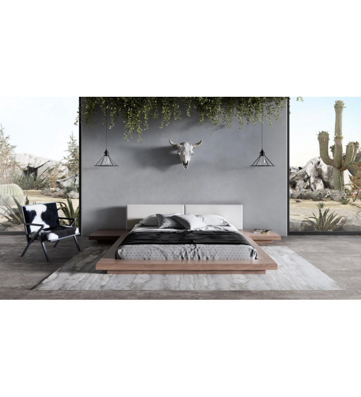 Walnut & White Japanese King Bed w/Nightstands Low Profile VIG Modrest Opal