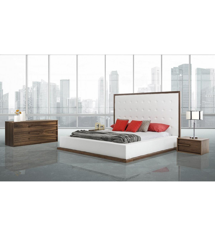 VIG Modrest Beth Walnut White Leatherette Queen Bedroom Set 4Pcs Modern