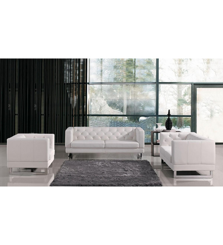 White Eco Leather Tufted Sofa Set 3Pcs VIG Divani Casa Windsor Contemporary