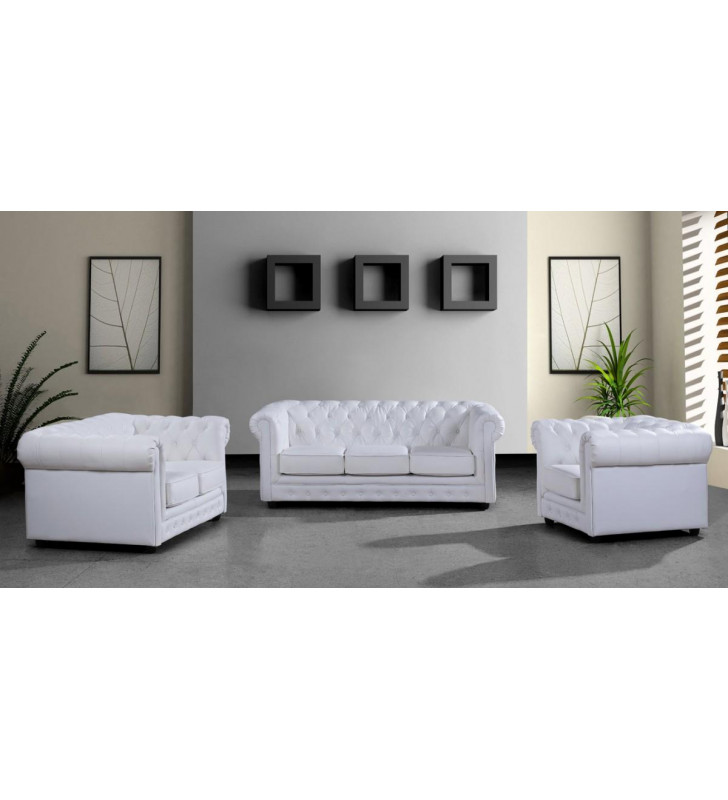 VIG Divani Casa Paris White Half Leather Button Tufted Sofa Set 3 Pcs Modern