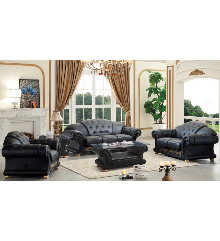 Black Genuine Leather Sofa-Bed Set w/Coffee Table 4Pcs Traditional Made in Italy ESF Apolo 