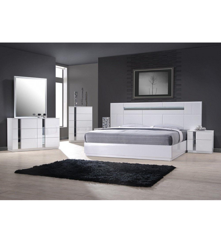 J&M Palermo Contemporary King  Bedroom Set in White Lacquer and Chrome Set 5Pcs