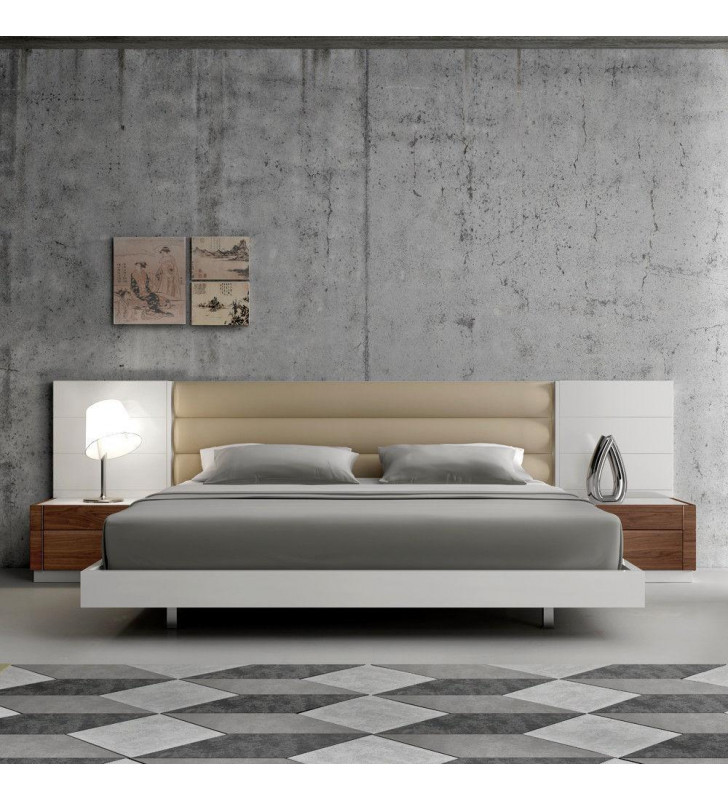 J&M Lisbon Modern White Lacquer & Walnut Wood Veneer King Size Bedroom Set 3Pcs